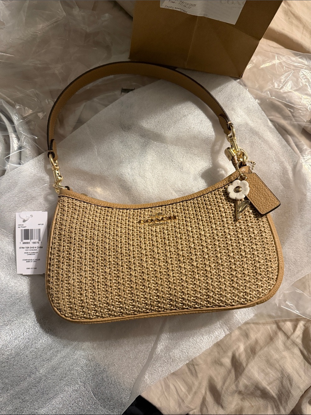 Coach Straw terry Shoulder Bag in Natural Tan with Gold Hardware